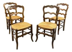 Set of 4 Antique French Provincial Ladderback Dining Chairs | Louis XV Style Rush Seat