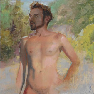 Au Naturel by Kirsten Savage | Oil on panel painting of a nude male figure outdoors. For Sale