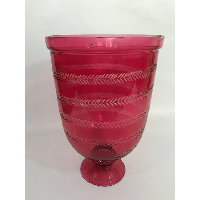 Red Red Etched Glass Candle Hurricane For Sale - Image 8 of 8