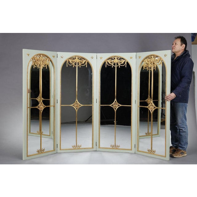 Wood Screen Room Divider with Mirrors on Each Panel in Lacquered Wood and Gilt Bronze, 1880 For Sale - Image 7 of 18