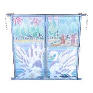 Antique Stained Glass Two-Panel Swan Lake Scene in Metal Frame With Hanging Hardware For Sale