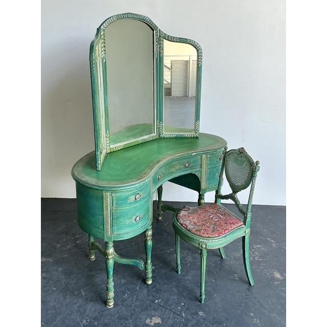 Wood Vintage Distressed Mirrored Vanity and Chair For Sale - Image 7 of 12
