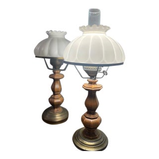 Vintage Pair of Colonial Style Walnut & Brass Table Lamps With Milk Glass Shades For Sale