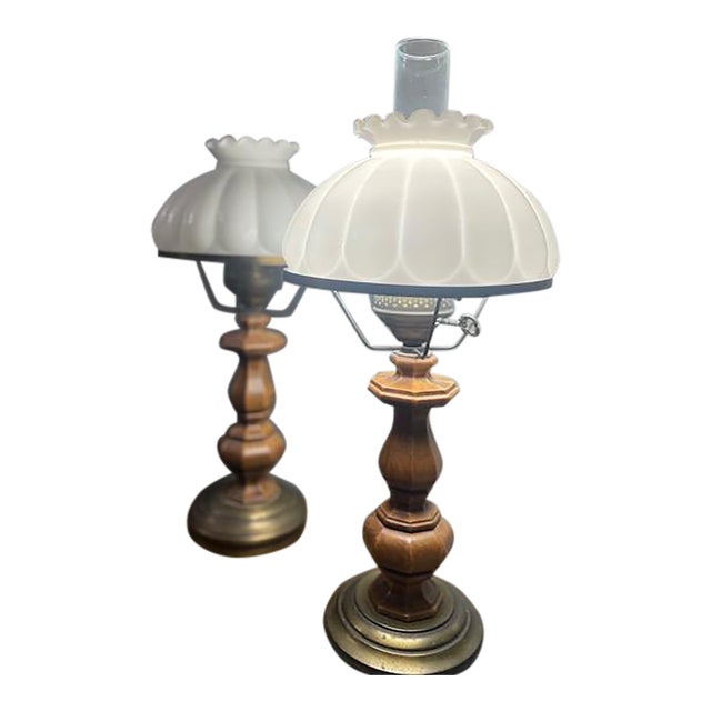 Vintage Pair of Colonial Style Walnut & Brass Table Lamps With Milk Glass Shades For Sale
