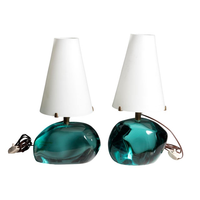 Blue Lamps with Murano Glass Blocks by Fontana Arte, 1960s, Set of 2 For Sale - Image 3 of 3