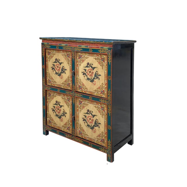 Chinese Chinese Tibetan Treasure Color Flower Graphic Credenza Storage Cabinet For Sale - Image 3 of 5