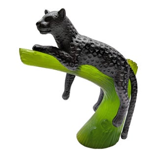 Late 20th Century Daum France Pate De Verre Glass Black Panther in Green Tree For Sale