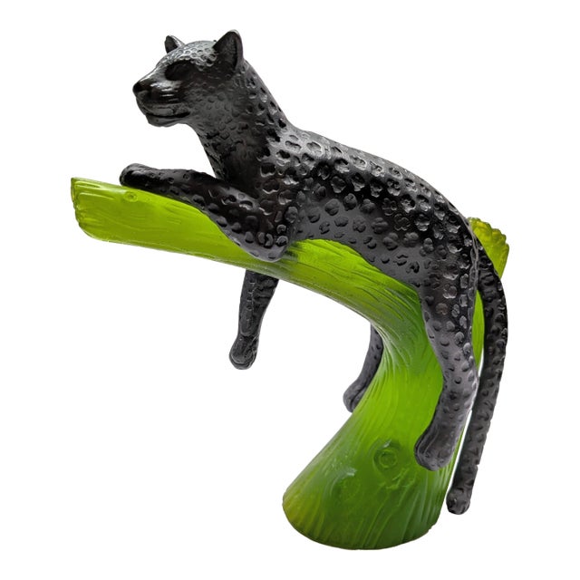 Late 20th Century Daum France Pate De Verre Glass Black Panther in Green Tree For Sale