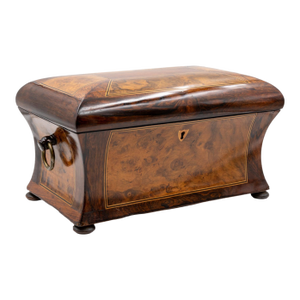 Mid 19th Century William IV Dome Top Bombé Box in Burl Walnut With Boxwood Stringing