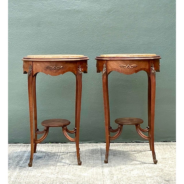 French Provincial Vintage Louis XV Stone Top Side Tables - A Pair For Sale - Image 3 of 12