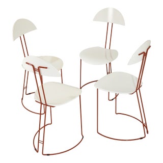 Mid-Century Modern Italian Red and White Metal and Wood Chairs, 1980s, Set of 4 For Sale