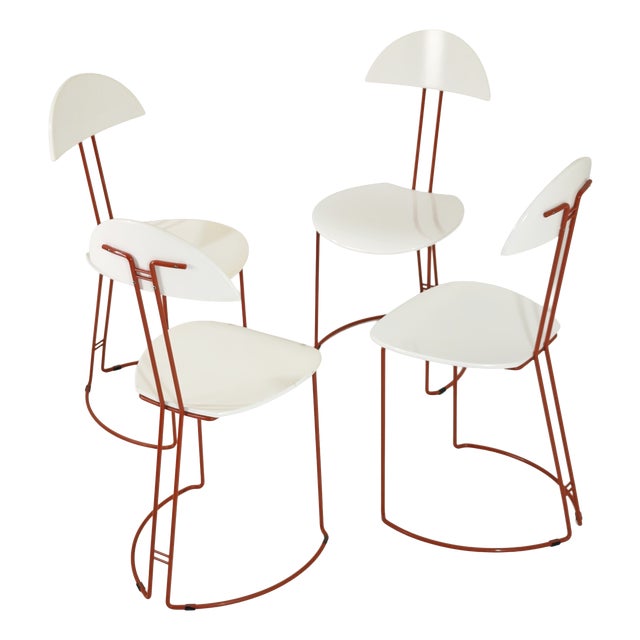 Mid-Century Modern Italian Red and White Metal and Wood Chairs, 1980s, Set of 4 For Sale
