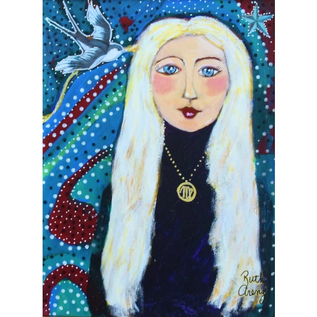 Contemporary blue-eyed mademoiselle with long blonde locks with a bird portrait oil/mixed media painting on artists'...