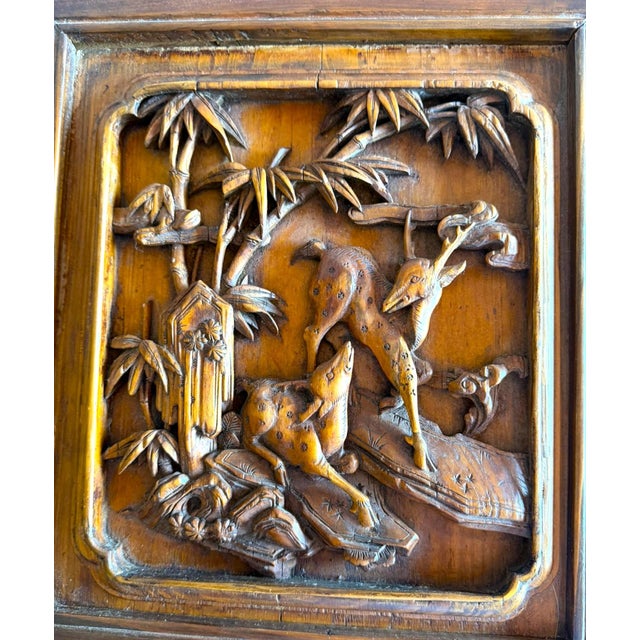 Late 19th Century Chinese Vintage Wood Carving of Two Deer in a Wood Frame For Sale - Image 5 of 11