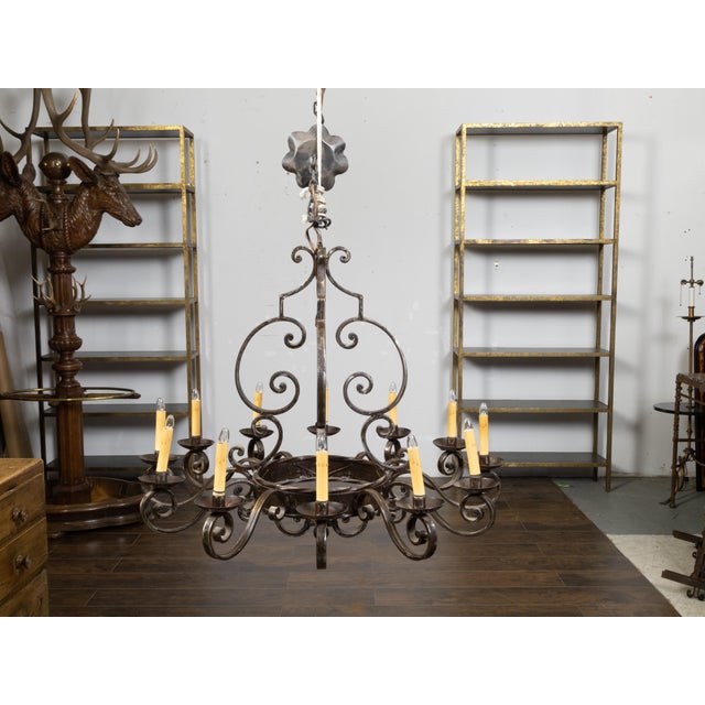 Mid 20th Century Mid Century Modern French Steel 12-Light Chandelier with Scrolls and Dark Patina For Sale In Atlanta - Image 6 of 12