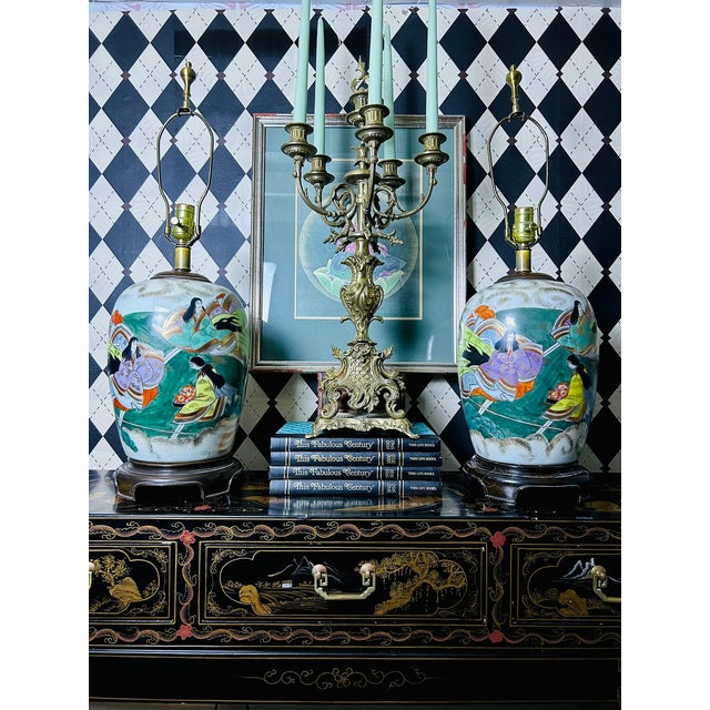 Ceramic 1950s Hand-Painted Japanese Porcelain Tabletop Lamps Pair Court Ladies, Large 32"h For Sale - Image 7 of 18