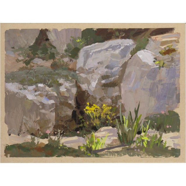 This gouache painting captures a serene moment in the Denver Botanic Gardens, showcasing a cluster of rocks adorned with...