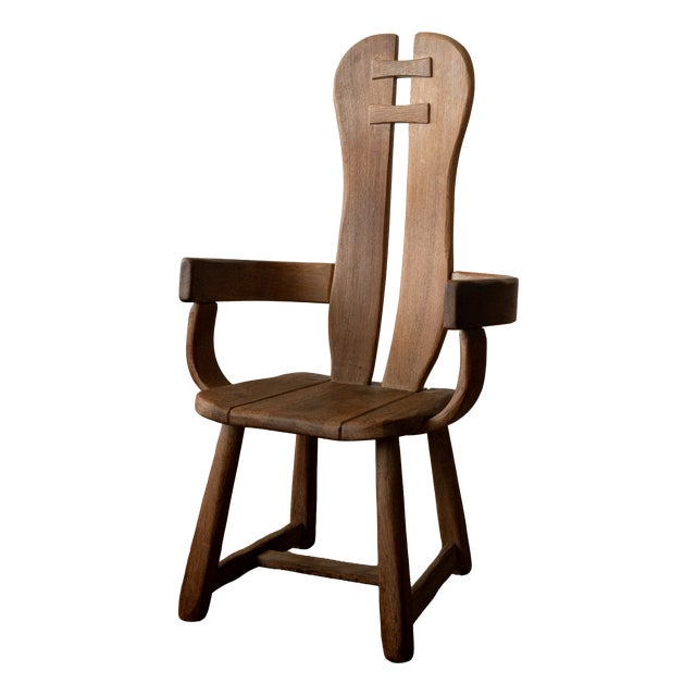 Brutalist Oak Armchair with Sculptural High Back by De Puydt, 1960s For Sale