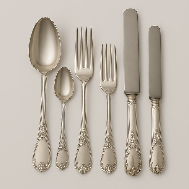 Very rare masterpiece of French silversmithing in its original case: this majestic Christofle Marly pattern flatware set,...