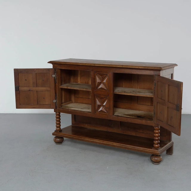 Brutalist 1940s Brutalist Charles Dudouyt Oak Sideboard With Carved Diamond Bobbin Legs, Attributed For Sale - Image 3 of 16