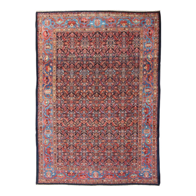 Multi Color Antique Persian Malayer Rug With All Over Herati Design in Black & Shades of Blue For Sale