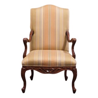 Henredon Furniture Solid Mahogany Louis XV French Provincial Upholstered Accent Arm Chair For Sale