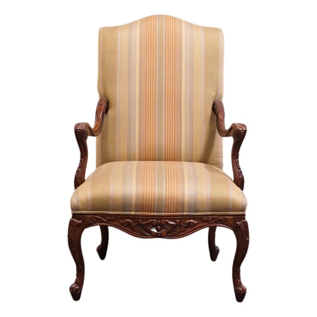 Henredon Furniture Solid Mahogany Louis XV French Provincial Upholstered Accent Arm Chair For Sale