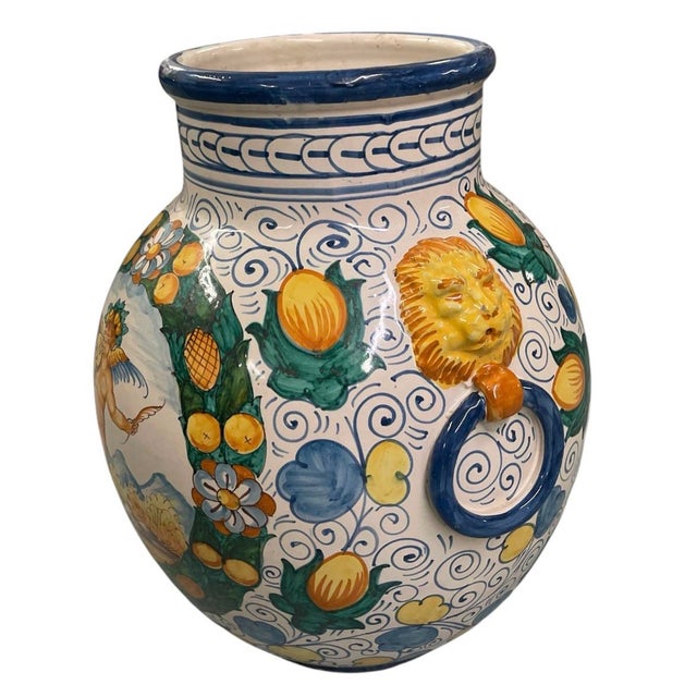 Vintage Italian Majolica Style Lion-Head Lemon Motif Ceramic Urn Vase For Sale - Image 4 of 12
