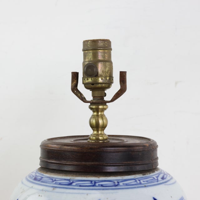 Blue and White Antique Porcelain Vase Lamp With Cobalt Floral Motif on Wood Base For Sale In New York - Image 6 of 16