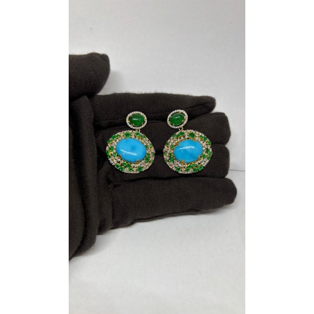 2020s Natural Turquoise, Emerald & Diamond Earring in 14k Gold For Sale - Image 5 of 8