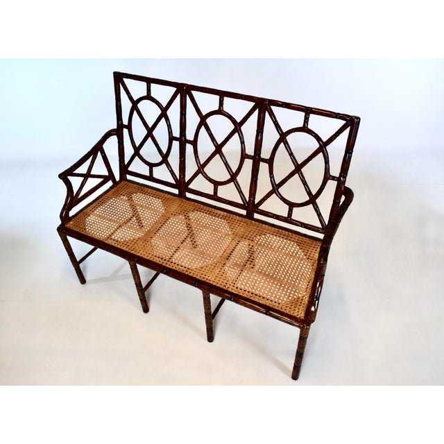 Late 20th Century Faux Bamboo Settee With Leather Cushion, Tortoise Shell Finish For Sale - Image 5 of 15