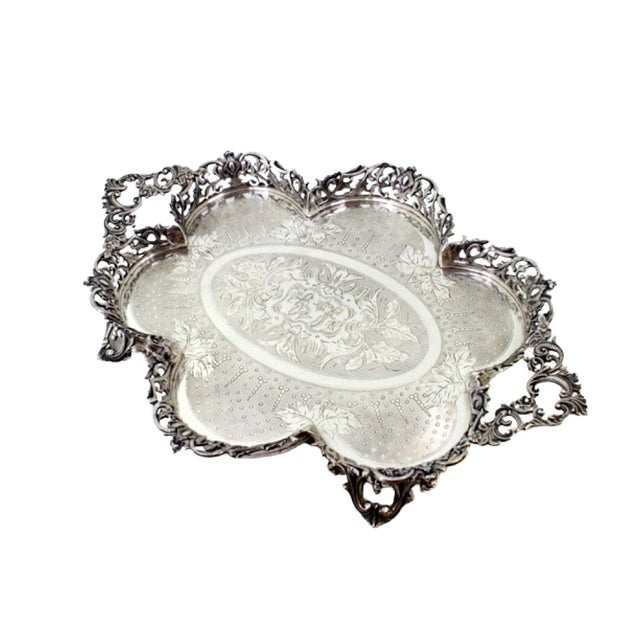 Silver Plated Salver with Guilloche-Style Cut-Out Grid For Sale - Image 9 of 9