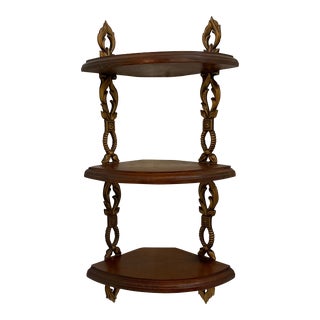 Mid-Century Arts & Crafts Wood Corner Wall Shelf With Detailed Metal Brackets. For Sale