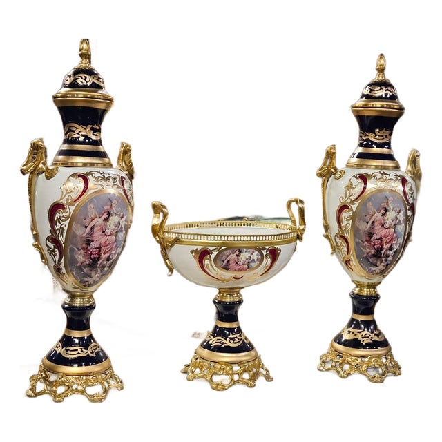 Pair of Large Hand-Painted Porcelain Urns With Gilt Bronze Bases French Rococo Style For Sale