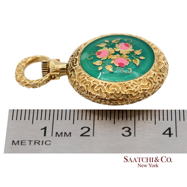 18k 750 Yellow Gold Enamel Pocket Watch Pendant Necklace For Sale - Image 13 of 14