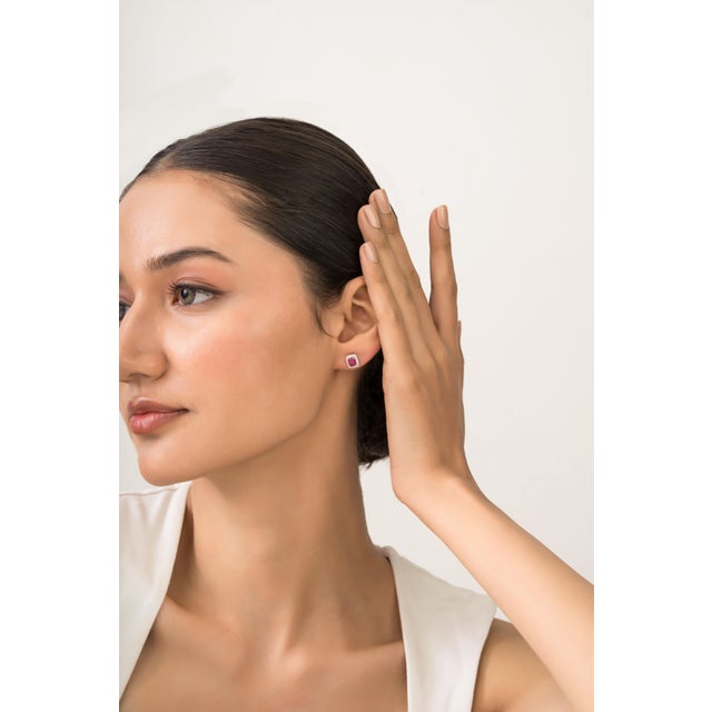 Metal 1.1ct Emerald Cut Mozambique Ruby Diamond Halo Stud Earrings in 14k Gold- A Pair For Sale - Image 7 of 12