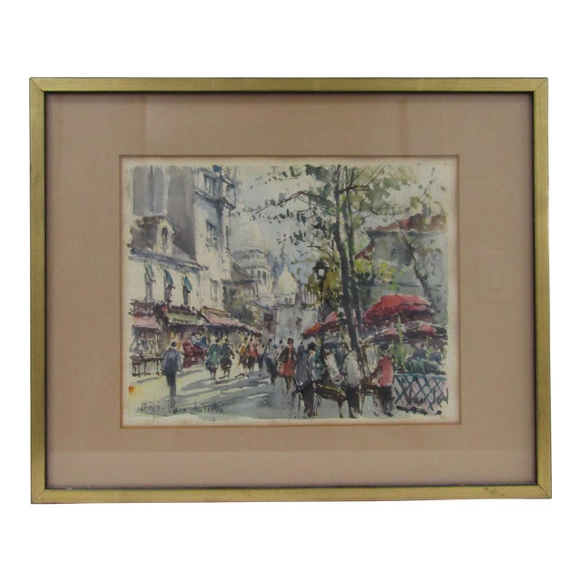 Van Lod Watercolor Painting Paris Art Wall Late 20th Century For Sale
