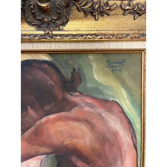 Oil on canvas wrapped board of two nude female figures in palette of creams, pinks, browns, and greens titled 'Torsos,...