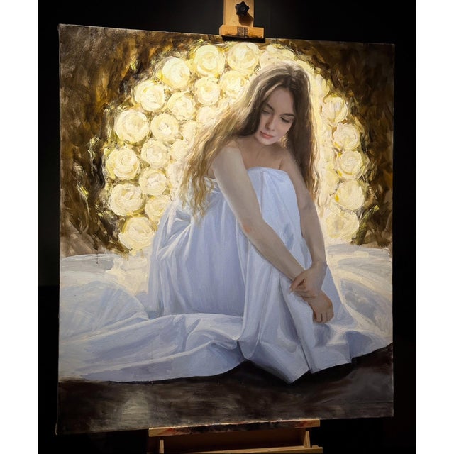 Lady in White by Bunyod Suvonov | Oil on canvas Portrait of a woman in a white dress sitting. For Sale
