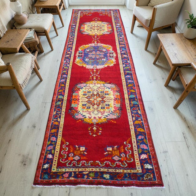 Woven in the illustrious Güney district of Denizli during the 1950s, this exceptional Aegean Turkiye runner rug is a...