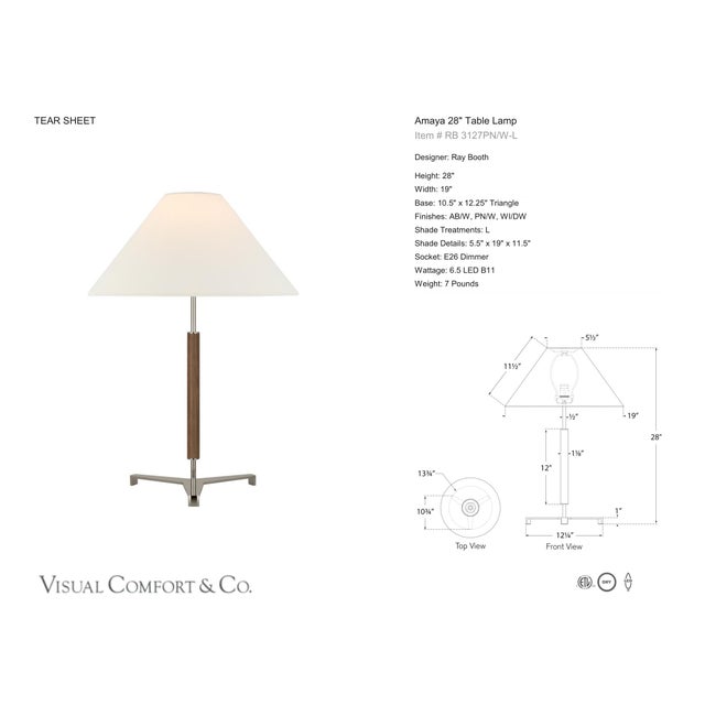 Ray Booth by Visual Comfort Signature Amaya 28" Table Lamp in Polished Nickel and Walnut with Linen Shade Designer: Ray...