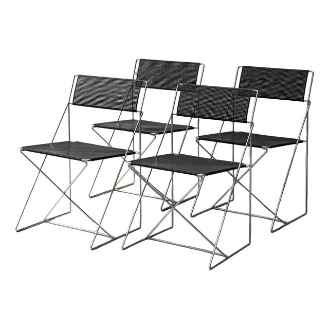 Vintage Minimalist Metal X-Line Chairs by Niels Jørgen Haugesen for Hybodan, 1970s, Set of 4 For Sale