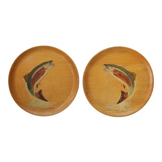 Pair of Mid-Century Hand Painted Wood Trout Trays For Sale