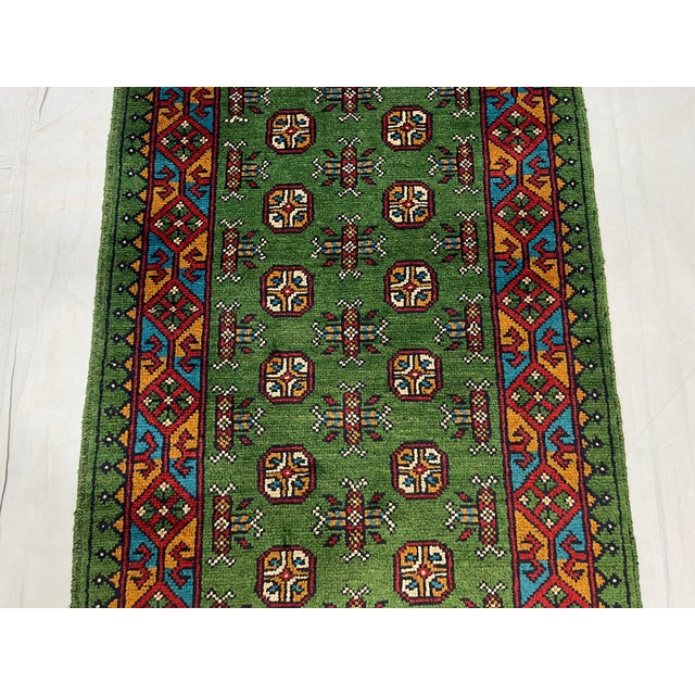 Green Tribal Geometric Hallway Runner Rug With Red and Turquoise Border, 2'9" X 16'1" For Sale - Image 9 of 13