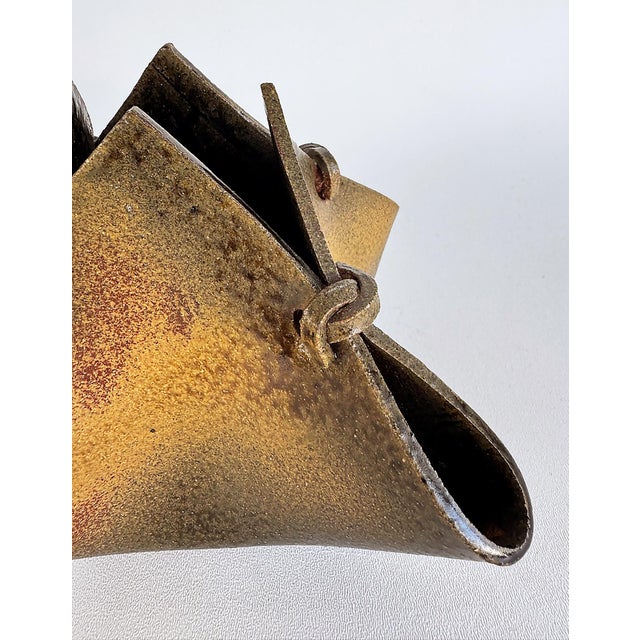 1970s Vintage Studio Pottery Faux Leather Folded Vessel With Ties For Sale - Image 5 of 8