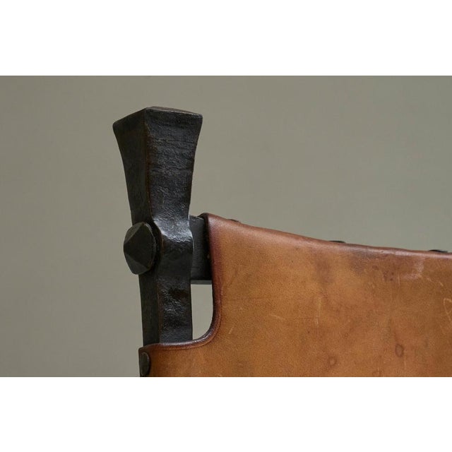 Brown Vintage Brutalist High Back Chair in Wrought Iron and Patinated Cognac Leather, 1950s For Sale - Image 8 of 18