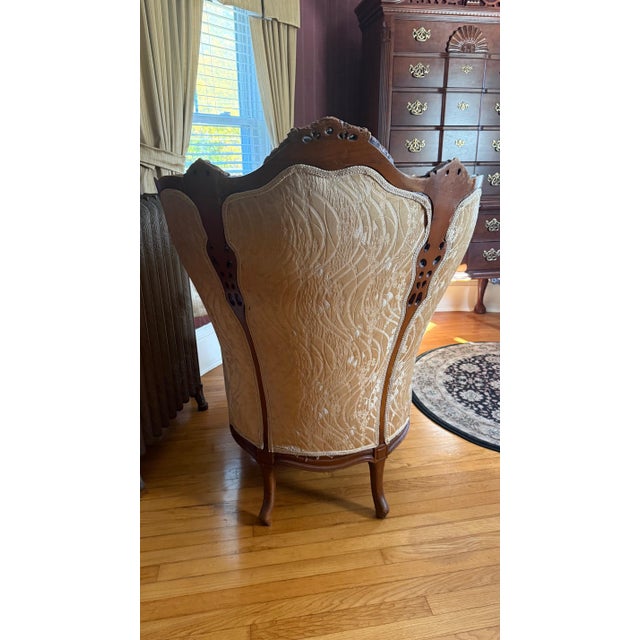 Antique Carved Wingback Bergère Chair in Cream Damask For Sale - Image 12 of 13