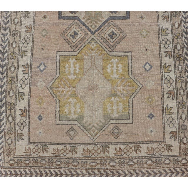 Antique Turkish Oushak Runner With Soft Gold and Celadon Geometric Medallions For Sale - Image 9 of 13