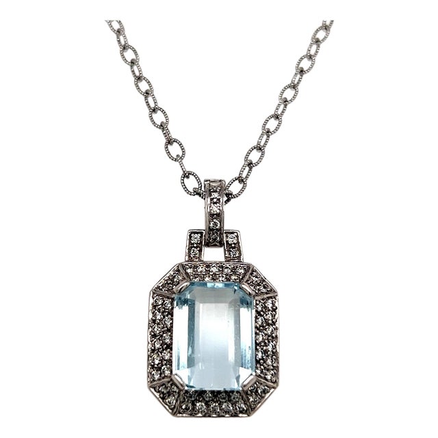 Natural Aquamarine Diamond Necklace 14k Gold 10.45 TCW Certified For Sale