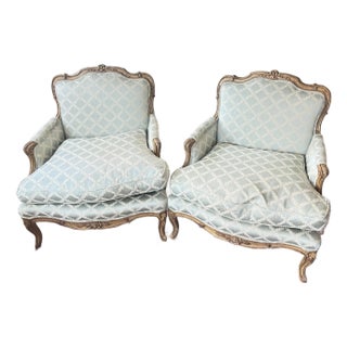 Pair of Early 1990s Era Paint Decorated French Louis XV Bergere Chairs For Sale